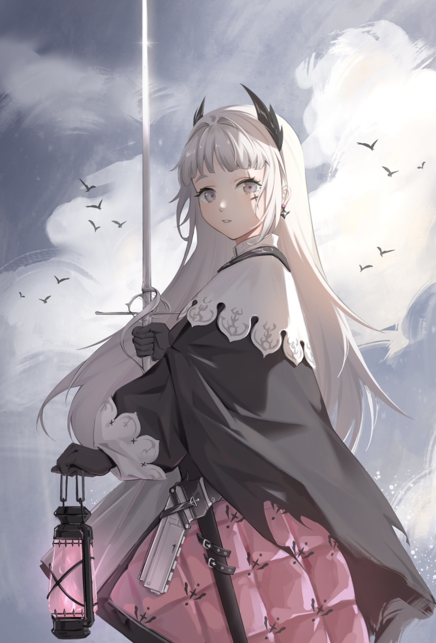 1girl absurdres arknights bangs bird black_cape black_gloves cape capelet cloud clouds cloudy_sky cowboy_shot earrings from_side gloves grey_eyes grey_hair gun head_wings highres holding holding_lantern holding_sword holding_weapon irene_(arknights) jewelry lantern long_hair long_sleeves looking_at_viewer looking_to_the_side parted_lips pink_skirt print_skirt safe scar scar_across_eye scar_on_face sheath skirt sky solo sword very_long_hair weapon white_capelet yinghuahua