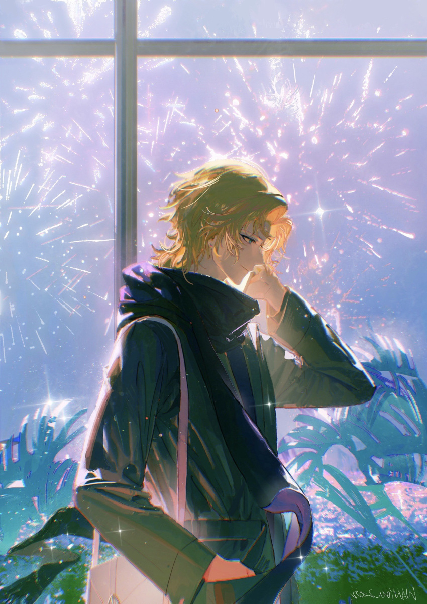 1boy aerial_fireworks bag bangs bishounen blonde_hair chinese_commentary closed_mouth coat commentary_request eyelashes fireworks for_all_time glint green_eyes grey_coat hand_in_pocket hand_up highres indoors long_sleeves looking_down luo_xia male_focus night parted_bangs plant profile purple_scarf safe scarf short_hair shoulder_bag sidelocks signature sky smile solo wanyou0113 white_bag window