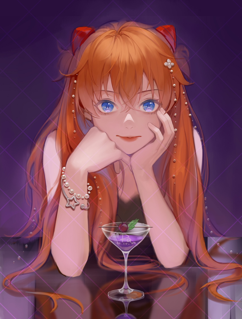 1girl absurdres asamayuki_ra bangs bare_arms blue_eyes bracelet brown_hair closed_mouth cocktail_glass cup drinking_glass hair_between_eyes hair_ornament headphones highres jewelry long_hair looking_at_viewer neon_genesis_evangelion orange_hair purple_background safe solo souryuu_asuka_langley tile_wall tiles upper_body very_long_hair