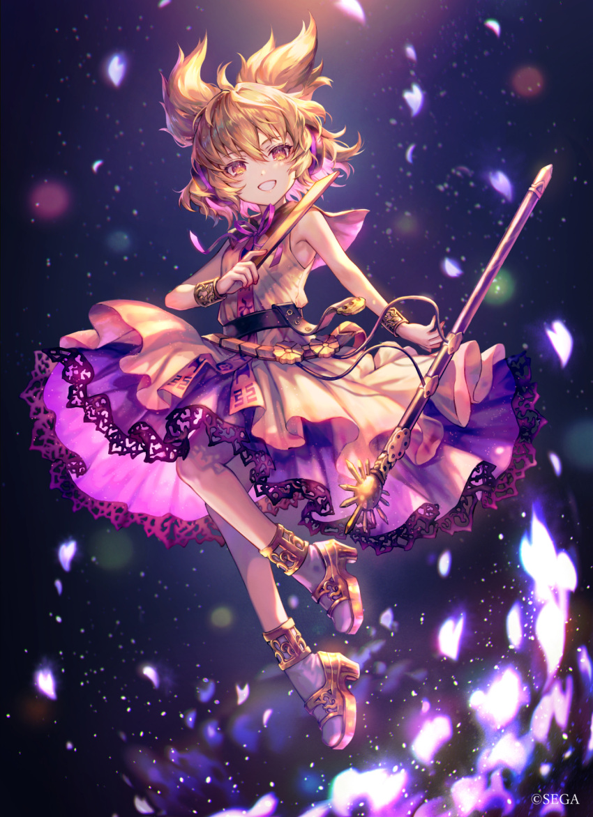 1girl anklet black_belt blonde_hair bracelet chunithm collared_dress copyright_name dress earmuffs floating_hair headphones high_heels highres holding jewelry lace_trim looking_at_viewer official_art petals pointy_hair purple_ribbon purple_skirt ribbon ritual_baton safe shigaraki_(strobe_blue) short_hair skirt sleeveless smile socks solo touhou toyosatomimi_no_miko white_socks yellow_eyes