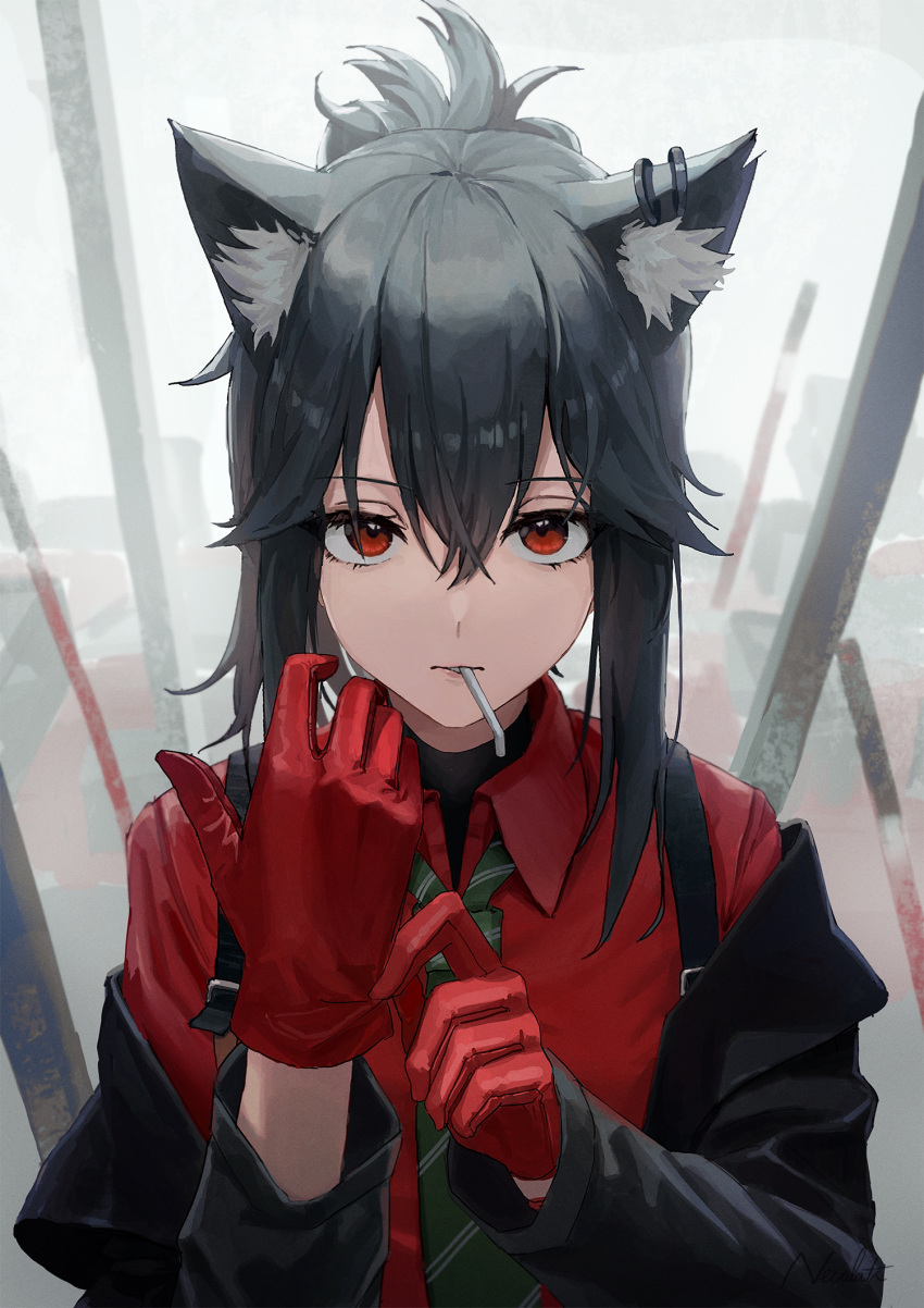 1girl adjusting_clothes adjusting_gloves animal_ear_fluff animal_ears arknights bangs black_hair black_jacket collared_shirt food gloves green_necktie hair_between_eyes highres holding im_catfood jacket long_hair long_sleeves looking_at_viewer mouth_hold necktie off_shoulder official_alternate_costume open_clothes open_jacket parted_lips ponytail red_eyes red_gloves red_shirt shirt sidelocks solo striped_necktie texas_(arknights) texas_(willpower)_(arknights) upper_body wolf_ears