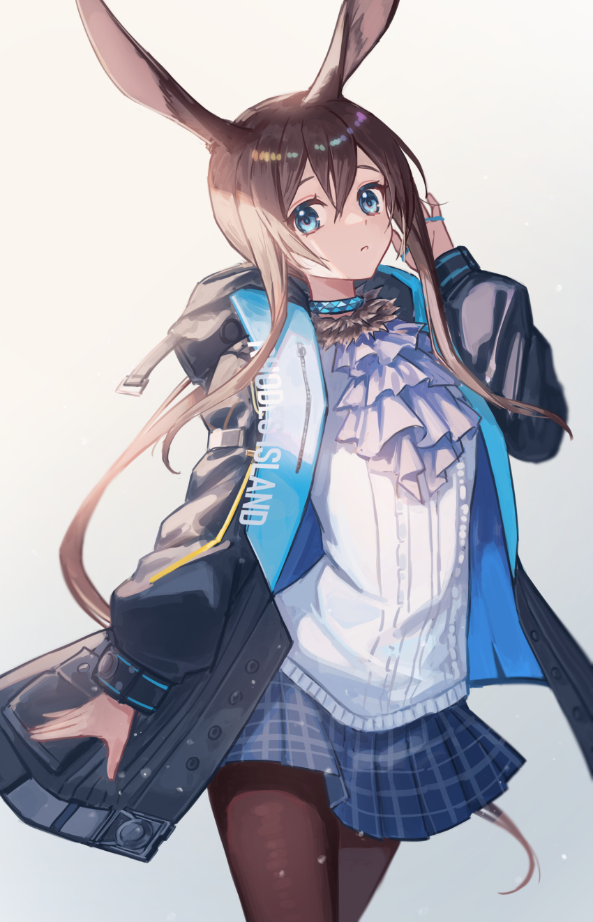 1girl absurdres amiya_(arknights) animal_ears arknights ascot bangs black_jacket blue_ascot blue_eyes blue_jacket blue_skirt brown_hair brown_pantyhose bunny_ears commentary cowboy_shot frilled_ascot frills gradient gradient_background hair_between_eyes hand_up haro_(haro_339) highres hood hood_down hooded_jacket infection_monitor_(arknights) jacket jewelry long_hair long_sleeves looking_at_viewer miniskirt open_clothes open_jacket open_mouth pantyhose plaid plaid_skirt rabbit_ears rabbit_girl ring safe skirt solo sweater white_shirt white_sweater