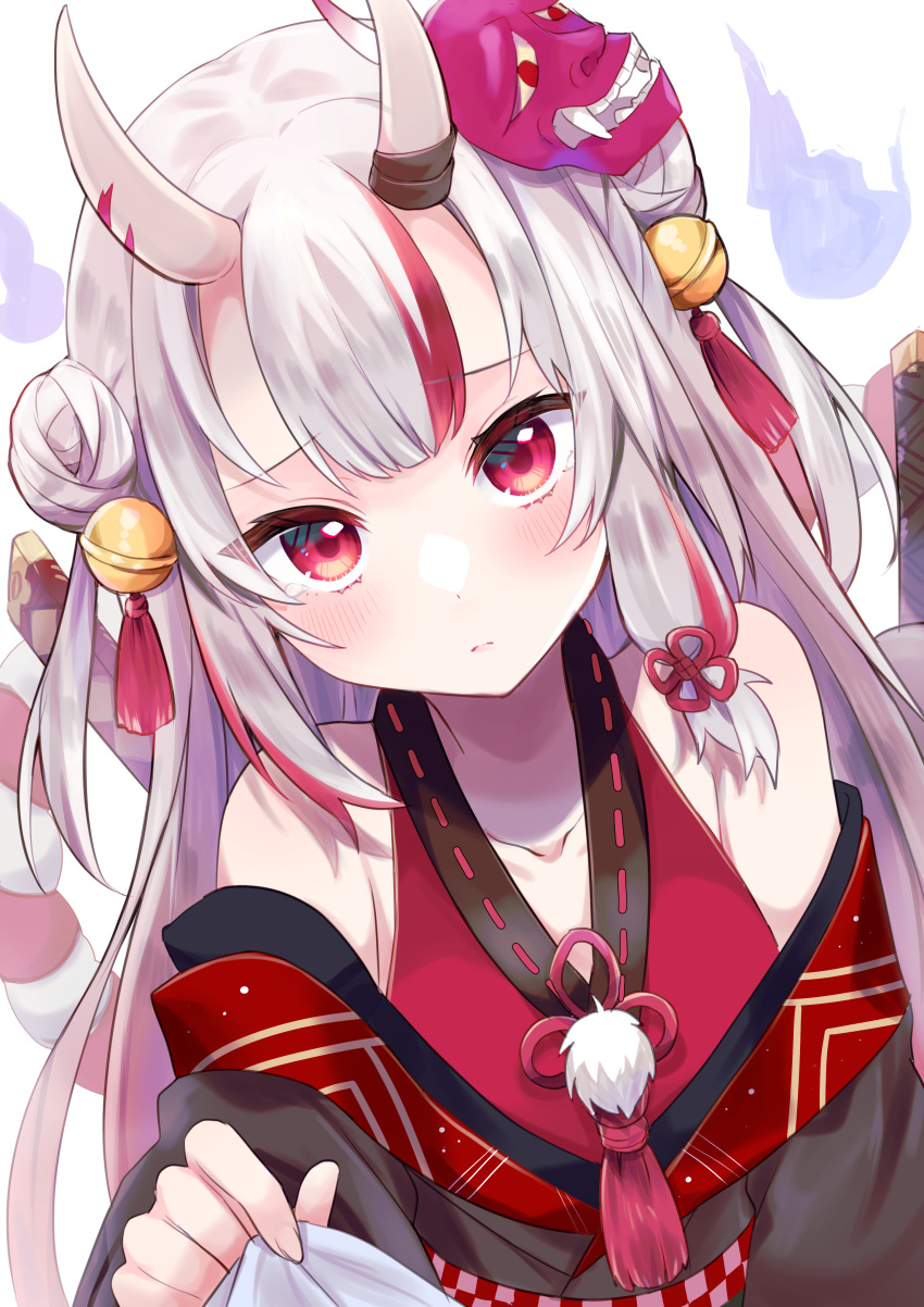 1girl absurdres bell blush crying crying_with_eyes_open double_bun hair_bell hair_bun hair_ornament highres hololive horns japanese_clothes jingle_bell kouhaku_nawa long_hair looking_at_viewer mask mask_on_head multicolored_hair nakiri_ayame oni_horns oni_mask red_eyes redhead rope shimenawa shinomiya_shino_(sinosino141) simple_background solo streaked_hair tears upper_body virtual_youtuber white_background white_hair