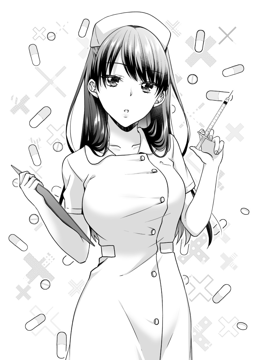 1girl :o absurdres bangs breasts clipboard dress greyscale hat highres holding holding_syringe ice_cream_kanojo kawai_miruku kuune_rin large_breasts long_hair looking_at_viewer monochrome nurse nurse_cap parted_lips pill safe short_sleeves solo syringe