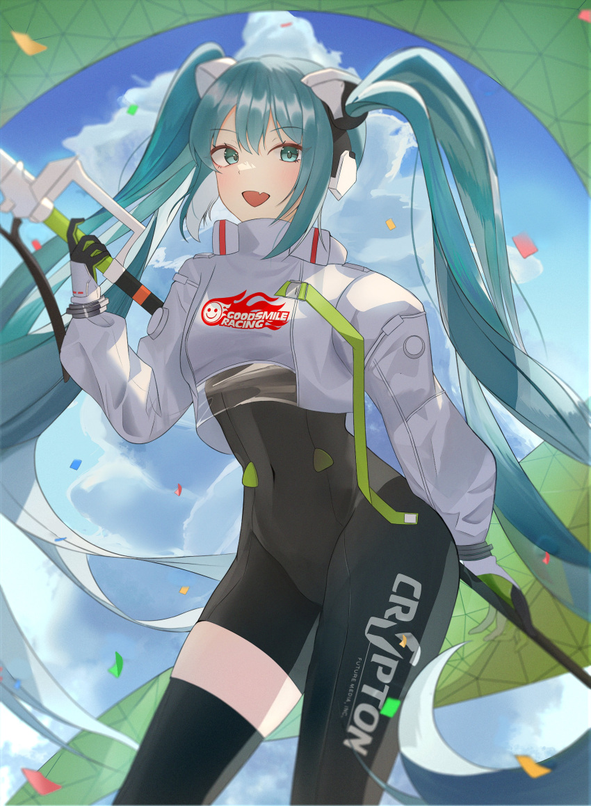 1girl absurdres aqua_eyes aqua_hair black_bodysuit black_thighhighs blue_sky bodysuit clouds collared_shirt cowboy_shot crop_top day fang hatsune_miku highres holding jacket long_hair looking_at_viewer lussahyoxeyy1ov open_clothes open_jacket open_mouth racing_miku racing_miku_(2022) shiny shiny_hair shirt sidelocks single_thighhigh sky smile solo standing thigh-highs thighhighs twintails very_long_hair vocaloid white_jacket white_shirt