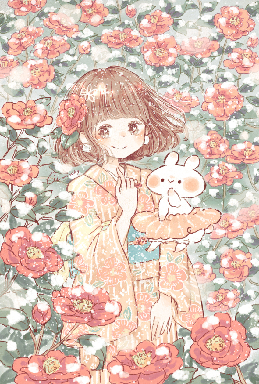 1girl bangs blunt_bangs blush bob_cut brown_eyes brown_hair floral_background floral_print flower hair_behind_ear hand_on_own_chest hand_to_own_mouth highres index_finger_raised japanese_clothes kimono leaf light light_particles looking_to_the_side momochy obi original pastel_colors pink_flower pink_kimono pink_skirt plant pointing pointing_at_self rabbit safe sash short_hair skirt smile solo too_many_flowers wide_sleeves
