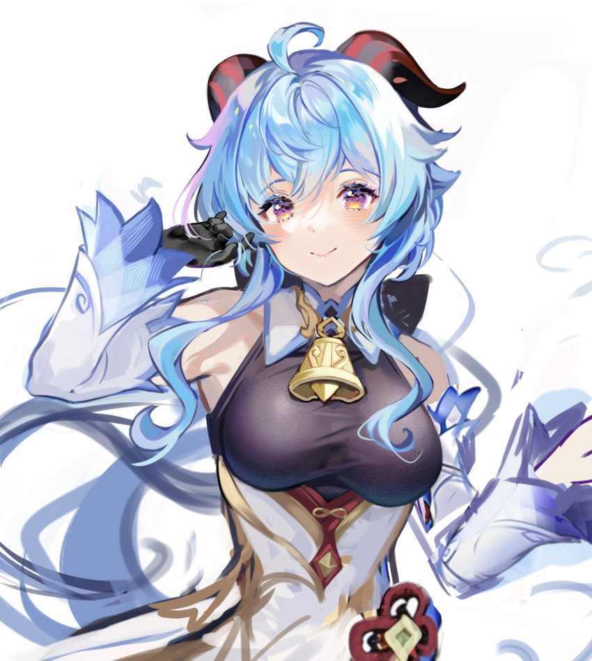 1girl ahoge alice_vu bangs bare_shoulders blue_hair blush breasts chinese_knot detached_sleeves flower_knot ganyu_(genshin_impact) genshin_impact gold_trim highres horns long_hair looking_at_viewer medium_breasts safe sidelocks smile solo upper_body violet_eyes vision_(genshin_impact) white_sleeves
