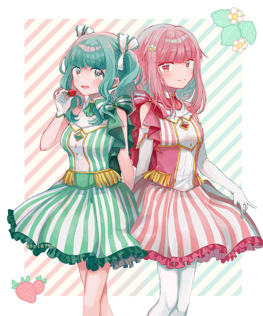 2girls :d aqua_ascot aqua_background aqua_hair arm_at_side ascot bangs blunt_bangs blush border bow braid collared_dress diagonal-striped_background dress elbow_gloves feet_out_of_frame flower food french_braid frilled_dress frilled_ribbon frills fruit gem gloves gradient gradient_background green_dress green_eyes green_gemstone green_ribbon hair_flower hair_ornament hair_ribbon hand_up highres holding holding_food holding_fruit leaf looking_at_viewer magia_record:_mahou_shoujo_madoka_magica_gaiden mahou_shoujo_madoka_magica medium_dress medium_hair multiple_girls official_alternate_costume open_mouth pantyhose pink_ascot pink_background pink_dress pink_gemstone pink_ribbon ribbon safe side_braids sidelocks sleeveless sleeveless_dress smile split_mouth strawberry striped striped_background striped_dress striped_ribbon tamaki_iroha totte twintails twitter_username vertical-striped_dress vertical_stripes wavy_hair white_border white_flower white_gloves white_pantyhose white_ribbon