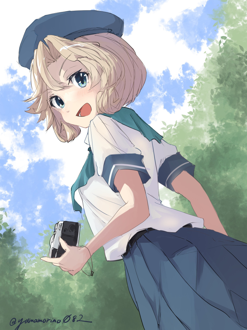 1girl absurdres bangs blonde_hair blue_eyes blue_sailor_collar blue_skirt blue_sky blush camera clouds cloudy_sky day forest hat highres holding holding_camera janus_(kancolle) kantai_collection long_skirt looking_at_viewer looking_back nature official_alternate_costume open_mouth outdoors parted_bangs pleated_skirt safe sailor_collar school_uniform serafuku shirt short_hair skirt sky smile solo tree twitter_username white_shirt yamamori_oyatsu