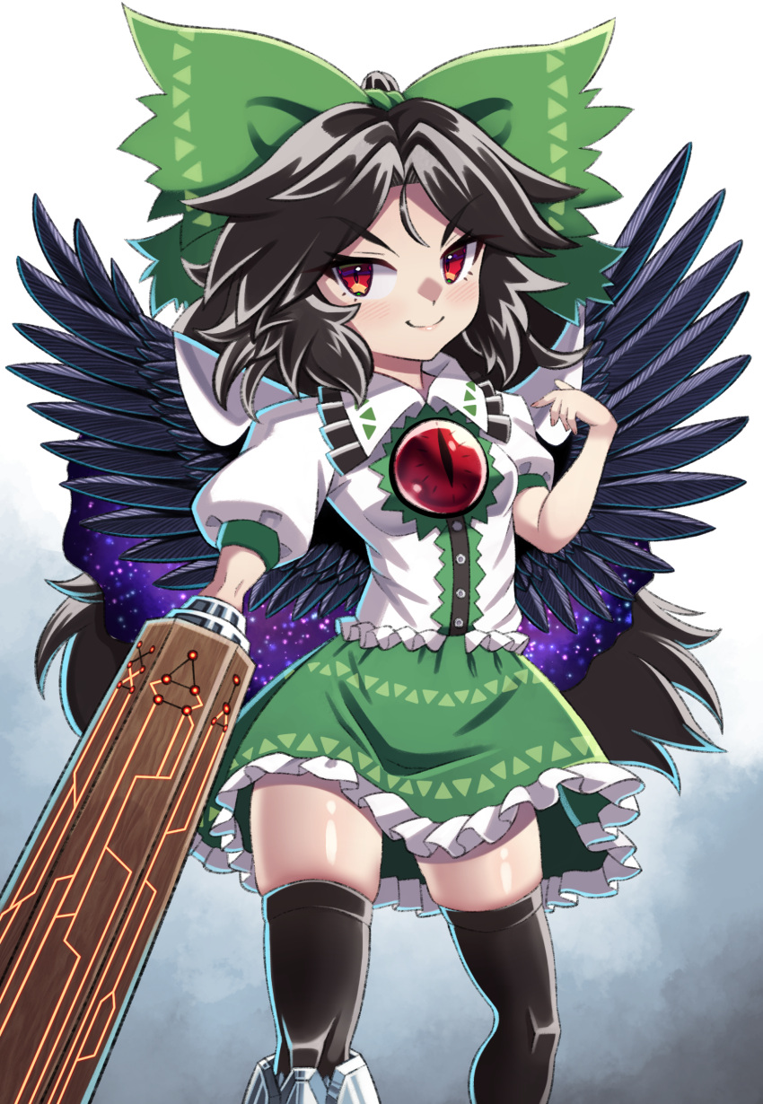 1girl absurdres arm_cannon bangs bird_wings black_hair black_legwear black_thighhighs black_wings blush bow breasts buttons cape closed_mouth collared_shirt commentary_request control_rod doku_yanagi feet_out_of_frame frilled_shirt frilled_skirt frills green_bow green_skirt hair_bow highres long_hair looking_at_viewer puffy_short_sleeves puffy_sleeves red_eyes reiuji_utsuho shiny shiny_skin shirt short_sleeves skindentation skirt small_breasts smile solo starry_sky_print thigh-highs thighhighs third_eye touhou very_long_hair weapon white_cape white_shirt wings zettai_ryouiki