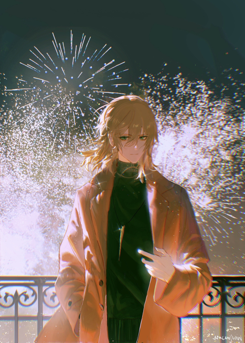 1boy aerial_fireworks bangs bishounen black_sweater blonde_hair buttons chinese_commentary closed_mouth coat commentary_request eyelashes fireworks for_all_time glint green_coat green_eyes hair_between_eyes hand_in_pocket hand_up highres jewelry light_brown_hair long_sleeves looking_at_viewer luchen male_focus medium_hair necklace night open_clothes open_coat orange_coat outdoors railing safe sidelocks signature smile solo standing sweater turtleneck turtleneck_sweater wanyou0113