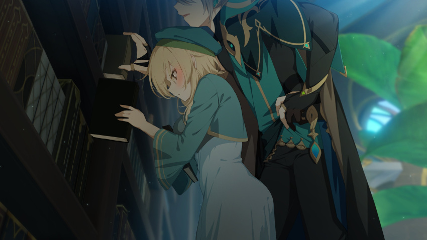 1boy 1girl absurdres alhaitham_(genshin_impact) alternate_costume bangs blonde_hair blush book bookshelf dress genshin_impact green_dress grey_hair hair_between_eyes hat height_difference highres ia_(ias1010) lumine_(genshin_impact) partially_obscured safe short_hair short_hair_with_long_locks shoulder_cape sidelocks size_difference yellow_eyes
