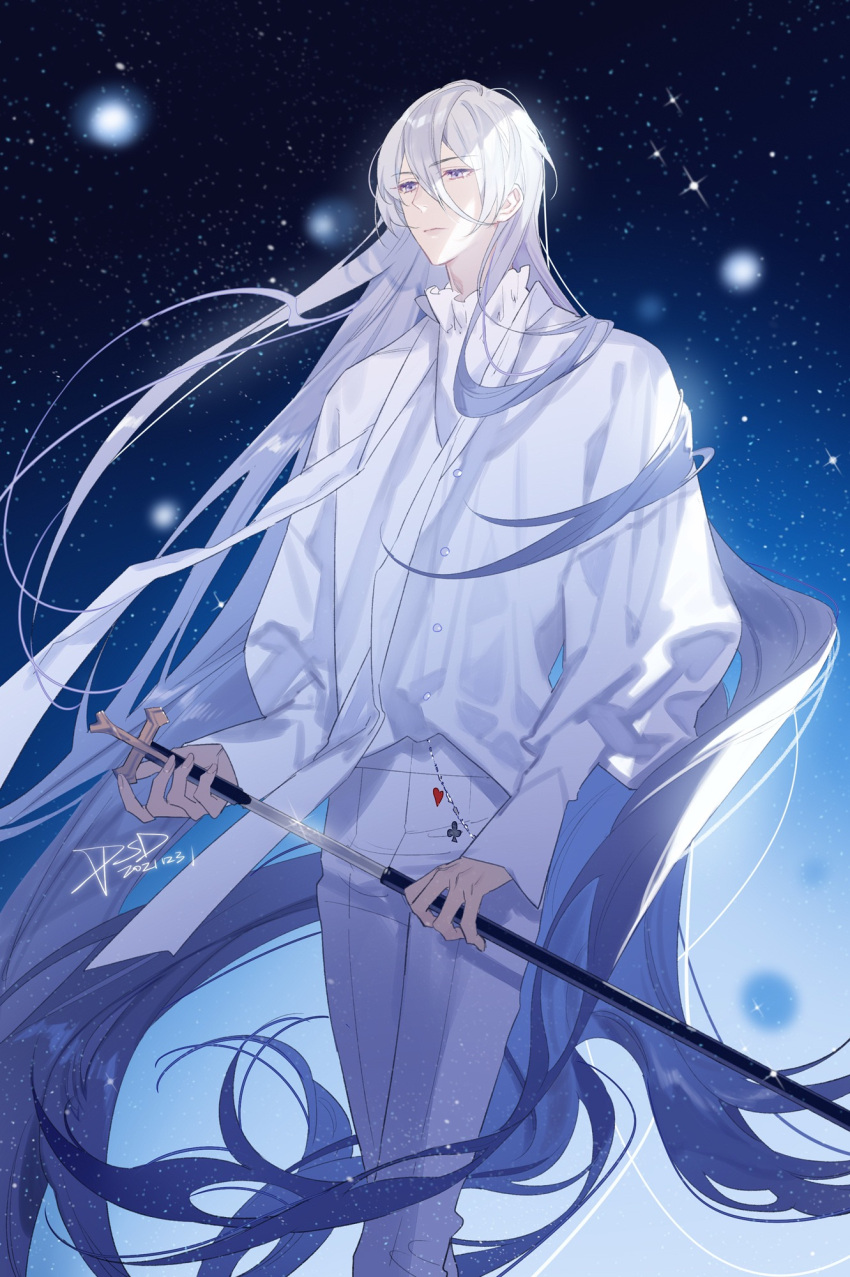 1boy bangs bishounen buttons chain closed_mouth club_(shape) dated expressionless eyelashes floating_hair for_all_time frilled_shirt frills hair_between_eyes heart highres holding long_hair long_sleeves looking_at_viewer male_focus night night_sky pants psd_(psdgai) puffy_long_sleeves puffy_sleeves ribbon robe safe shiny shiny_hair shirt shirt_tucked_in sidelocks signature sky solo standing star_(sky) starry_sky very_long_hair violet_eyes white_hair white_pants white_ribbon white_shirt yexuan