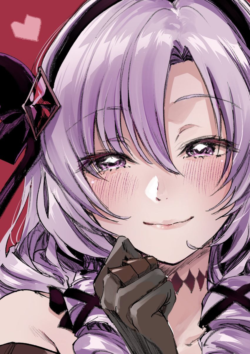 1girl bangs blush claw_ring closed_mouth gloves hair_between_eyes hair_ribbon hairband hand_up highres hyakumantenbara_salome long_hair nijisanji portrait purple_eyes purple_hair ribbon safe sakayama_shinta simple_background smile solo violet_eyes virtual_youtuber