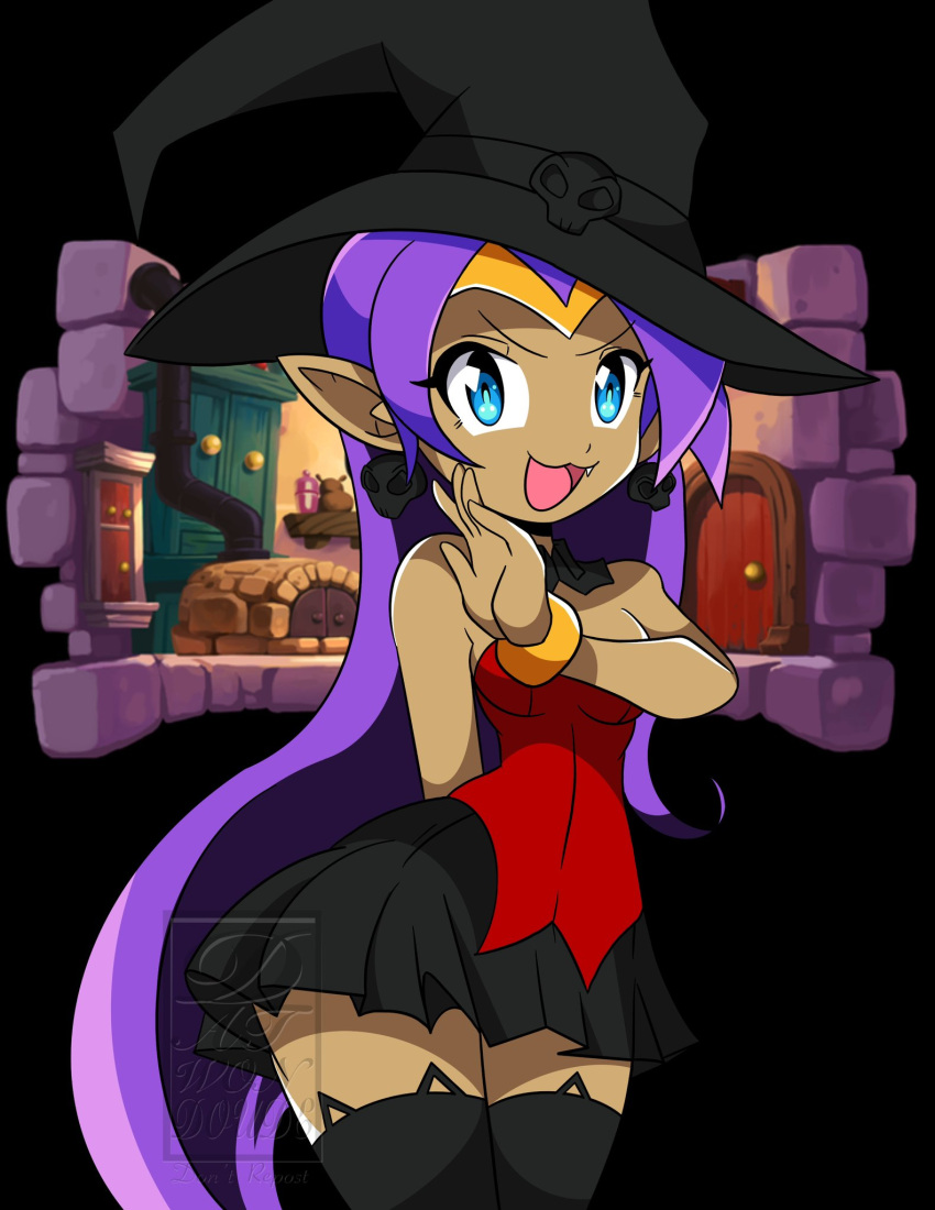 1girl blue_eyes bracelet datwondoude hat highres jewelry pointy_ears purple_hair safe shantae shantae_(character) shantae_(series) skirt solo thighhighs witch_hat