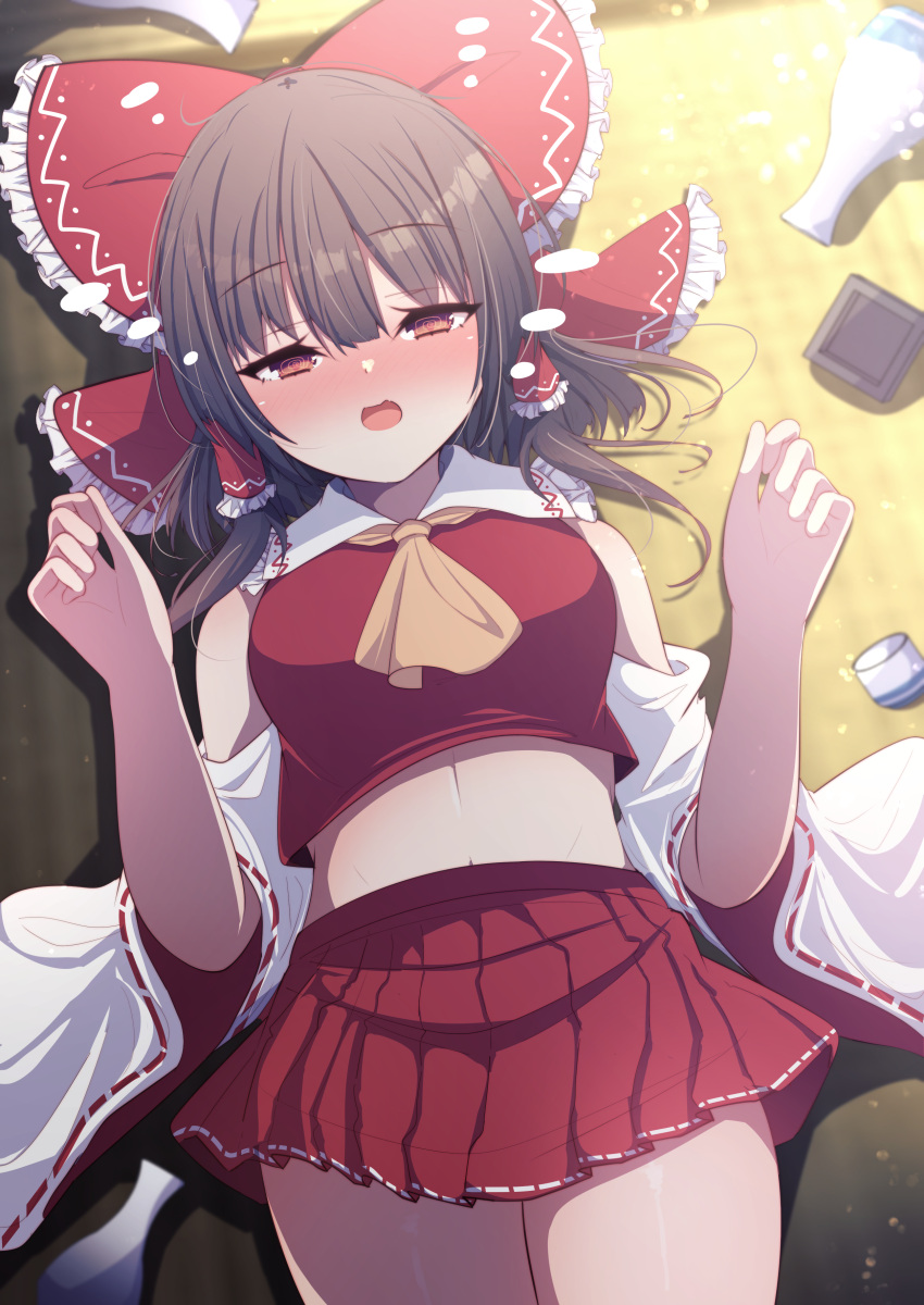 1girl absurdres ascot blush bow breasts brown_eyes brown_hair collared_shirt darumoon detached_sleeves drunk frilled_bow frilled_hair_tubes frilled_shirt_collar frills hair_bow hair_tubes hakurei_reimu highres long_hair looking_at_viewer lying midriff miniskirt navel pleated_skirt red_bow red_skirt ribbon-trimmed_skirt ribbon-trimmed_sleeves ribbon_trim shirt skirt sleeveless sleeveless_shirt solo tatami touhou white_sleeves wide_sleeves yellow_ascot