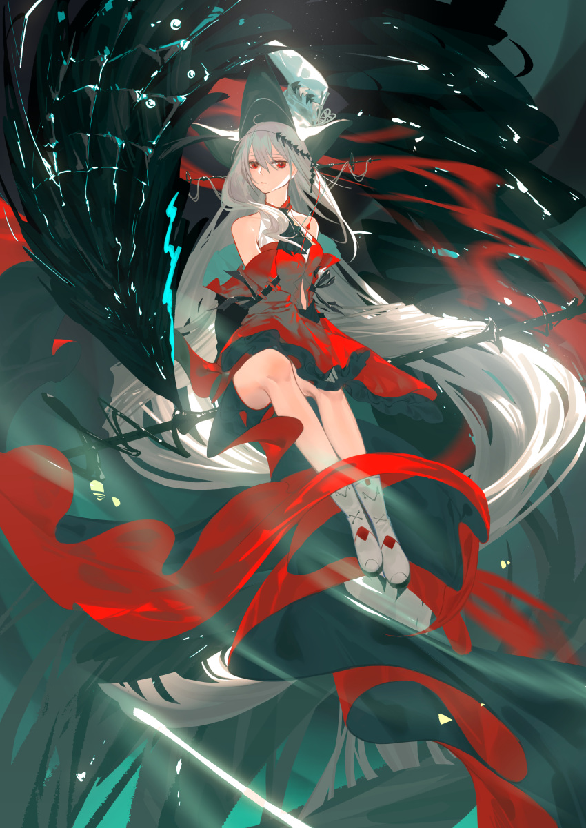 1girl :/ absurdly_long_hair absurdres aqua_headwear arknights ascot bare_shoulders black_ascot boots closed_mouth commentary dress frilled_sleeves frills full_body grey_hair hair_between_eyes hat highres light_rays long_hair looking_at_viewer lubusi monster off-shoulder_dress off_shoulder red_dress red_eyes safe sitting skadi_(arknights) skadi_the_corrupting_heart_(arknights) solo staff very_long_hair white_footwear wide_sleeves