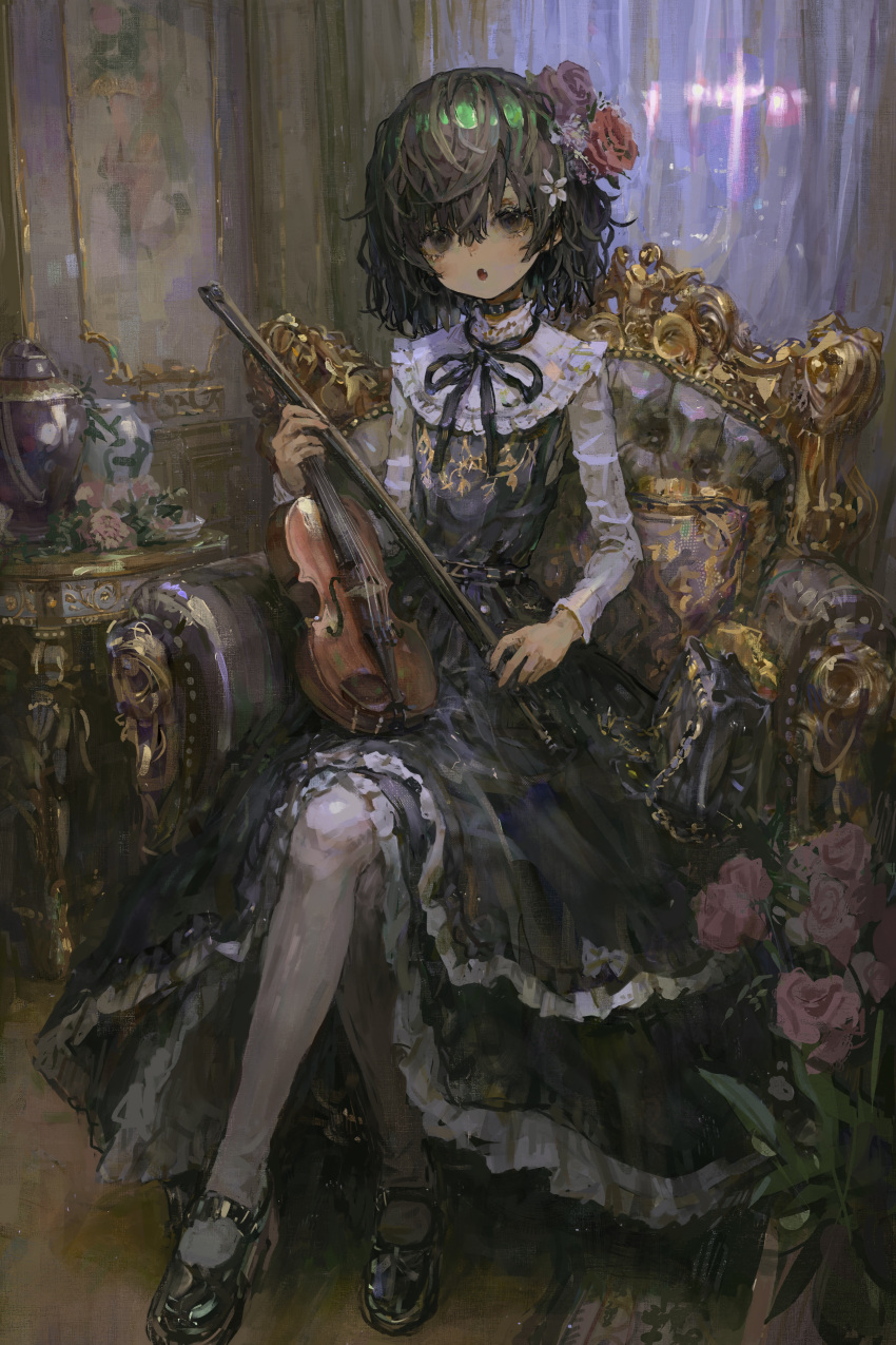 1girl absurdres apron bangs black_bow black_dress black_eyes black_hair bow choker collared_apron dress eyelashes flower frilled_apron frilled_dress frills hair_flower hair_ornament highres holding indoors instrument juliet_sleeves long_sleeves maid maid_headdress open_mouth original pantyhose pink_flower playing_instrument puffy_sleeves rose safe shion_(mirudakemann) short_hair sitting solo tongue white_legwear