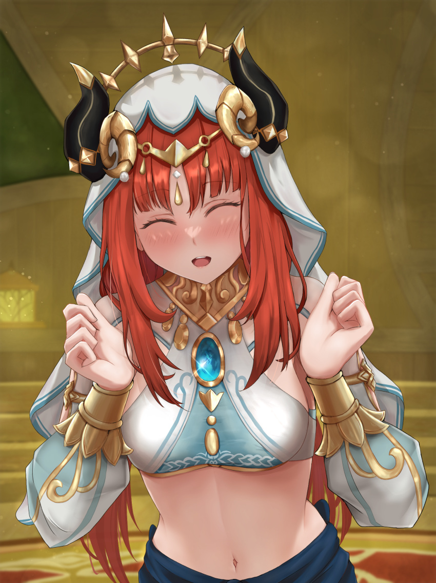 1girl blush breasts closed_eyes dancer genshin_impact highres horns jewelry navel nilou_(genshin_impact) open_mouth red_hair redhead smile solo