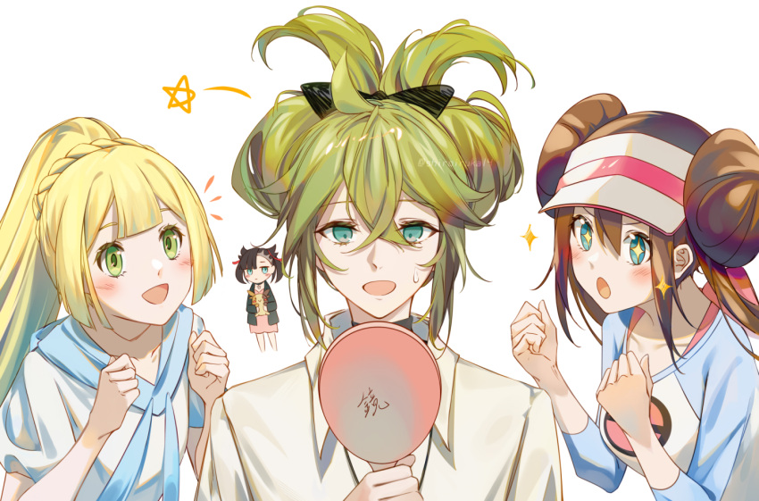 +_+ 1boy 3girls :d :o alternate_hairstyle bangs blonde_hair blush brown_hair clenched_hands collared_shirt commentary_request green_eyes hand_up hands_up hat holding holding_mirror lillie_(pokemon) long_hair marnie_(pokemon) mirror morpeko morpeko_(full) multiple_girls n_(pokemon) notice_lines open_mouth pokemon pokemon_(creature) pokemon_(game) pokemon_bw2 pokemon_sm pokemon_swsh ponytail raglan_sleeves rosa_(pokemon) safe shirt short_hair short_sleeves simple_background smile somnia sparkle star_(symbol) visor_cap white_background white_shirt