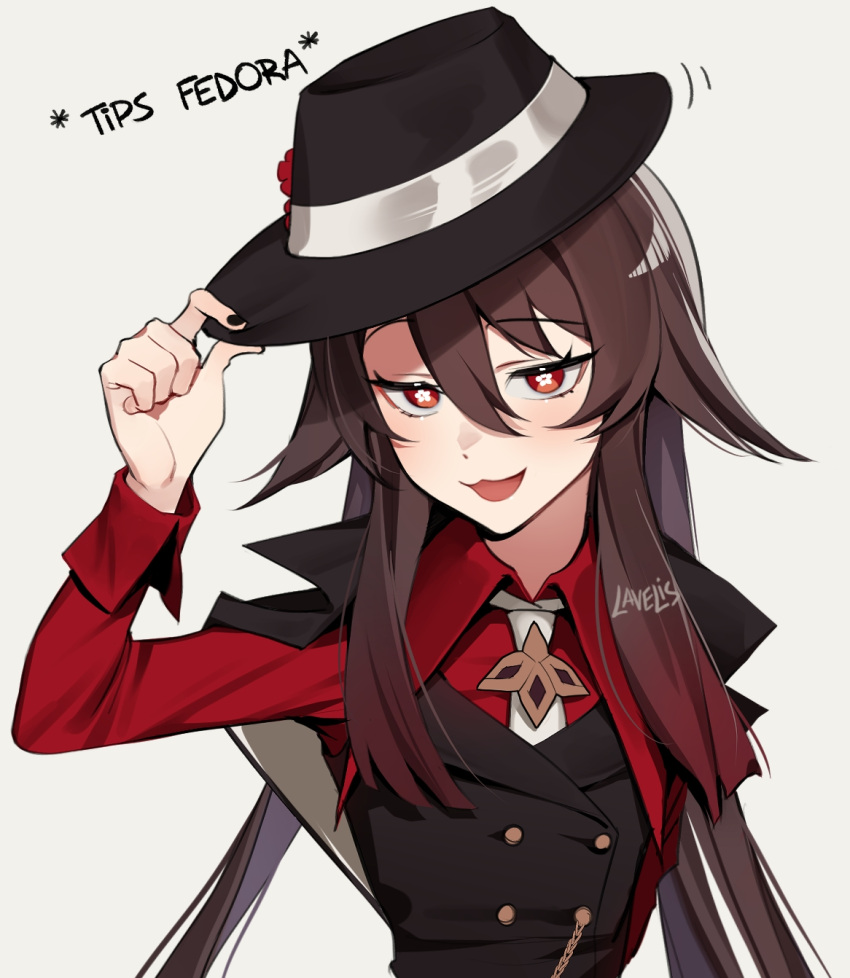 1girl black_headwear black_nails brown_hair english_text fedora genshin_impact gradient gradient_background hair_between_eyes half-closed_eyes hat hat_tip highres hu_tao_(genshin_impact) hu_tao_(oneplus)_(genshin_impact) lavelis long_hair long_sleeves looking_at_viewer nail_polish necktie official_alternate_costume open_mouth red_eyes red_shirt safe shirt simple_background smile smug solo symbol-shaped_pupils twintails vest white_background white_necktie