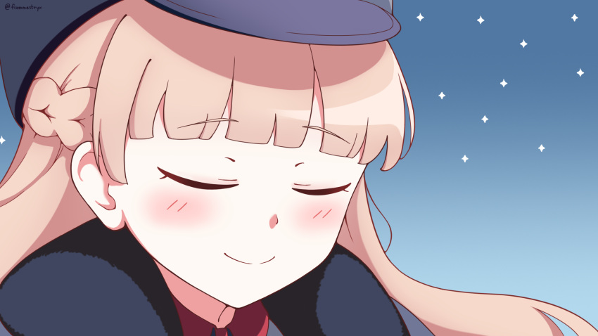1girl ah_i_see_you're_a_man_of_culture_as_well bangs blonde_hair blue_archive blunt_bangs blush braid brown_hair closed_eyes coat commentary eyebrows_visible_through_hair fur-trimmed_coat fur_trim hat highres long_hair looking_at_viewer meme nodoka_(blue_archive) safe sidelocks simple_background single_braid sky smile solo star_(sky) starry_sky stryx yuudachi_(kantai_collection)