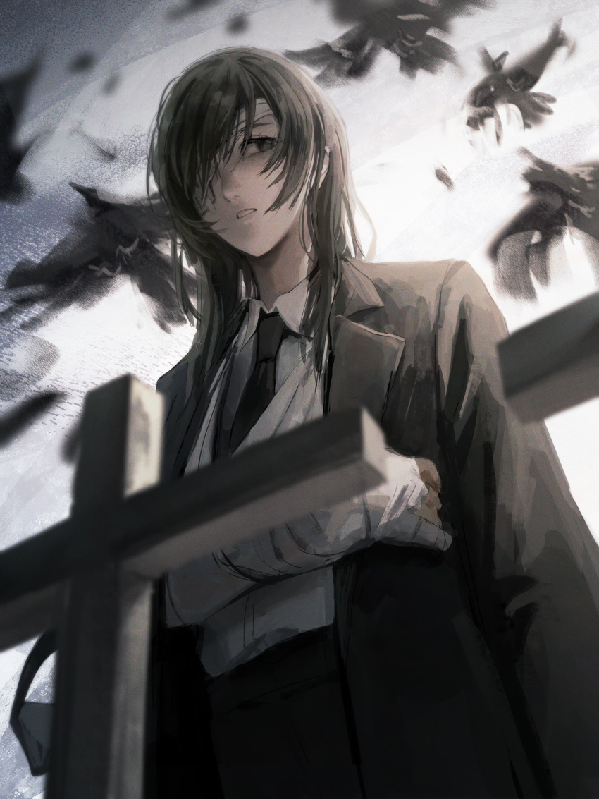 1girl absurdres animal ao_desu2222 arm_sling bandage_over_one_eye bandages bird black_eyes black_hair black_necktie black_pants chainsaw_man collared_shirt cross flying formal highres himeno_(chainsaw_man) injury long_hair medium_hair necktie outdoors pants parted_lips safe shirt shirt_tucked_in solo standing suit tombstone white_shirt