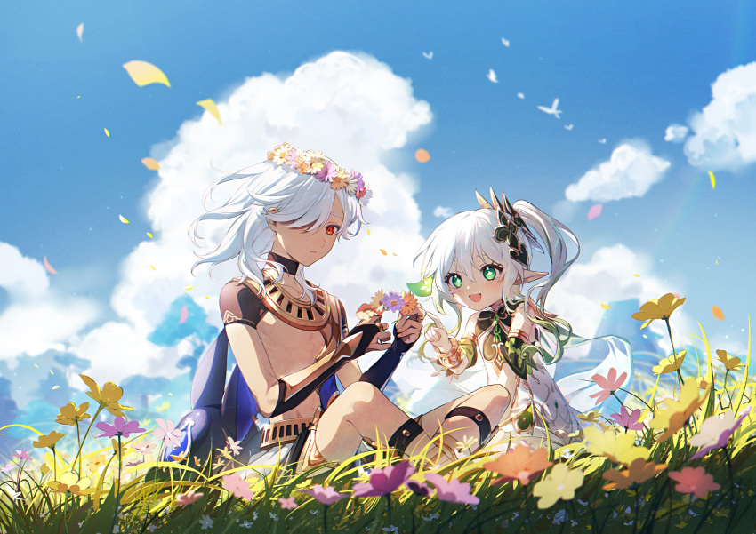 1boy 1girl absurdres aoppoi_oto bangs black_choker blue_sky bug butterfly choker cloud clouds commentary_request cyno_(genshin_impact) day detached_sleeves dress egyptian_clothes field flower flower_field genshin_impact grass green_hair green_sleeves hair_between_eyes hair_over_one_eye head_wreath highres holding insect long_hair mountain multicolored_hair nahida_(genshin_impact) open_mouth outdoors petals pink_flower pointy_ears ponytail red_eyes short_sleeves side_ponytail sitting sky smile white_dress white_flower white_hair yellow_flower