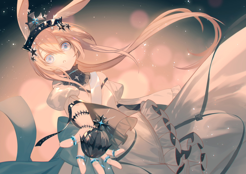 1girl absurdres ambience_synesthesia amiya_(arknights) animal_ear_fluff animal_ears arknights black_collar blue_eyes brown_hair chinese_commentary collar commentary_request cowboy_shot dress floating_hair globus_cruciger hair_ornament highres jewelry long_hair looking_at_viewer lubusi official_alternate_costume open_hand outstretched_arm parted_lips puffy_short_sleeves puffy_sleeves rabbit_ears ring safe short_sleeves solo star_(symbol) star_hair_ornament tiara very_long_hair white_dress