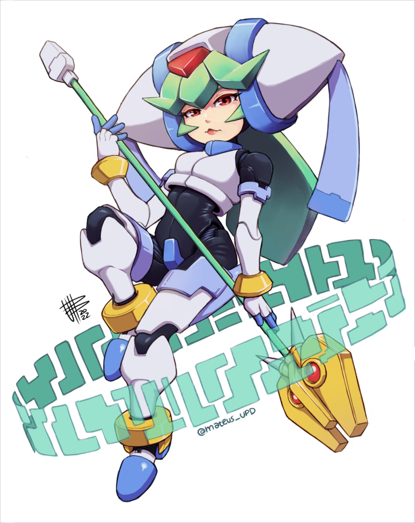 1girl android armor full_body gloves green_hair headgear helmet highres holding holding_weapon long_hair looking_at_viewer mateus_upd mega_man_(series) mega_man_zx pandora_(mega_man) pandora_(rockman) polearm red_eyes robot safe solo spear twintails weapon white_gloves