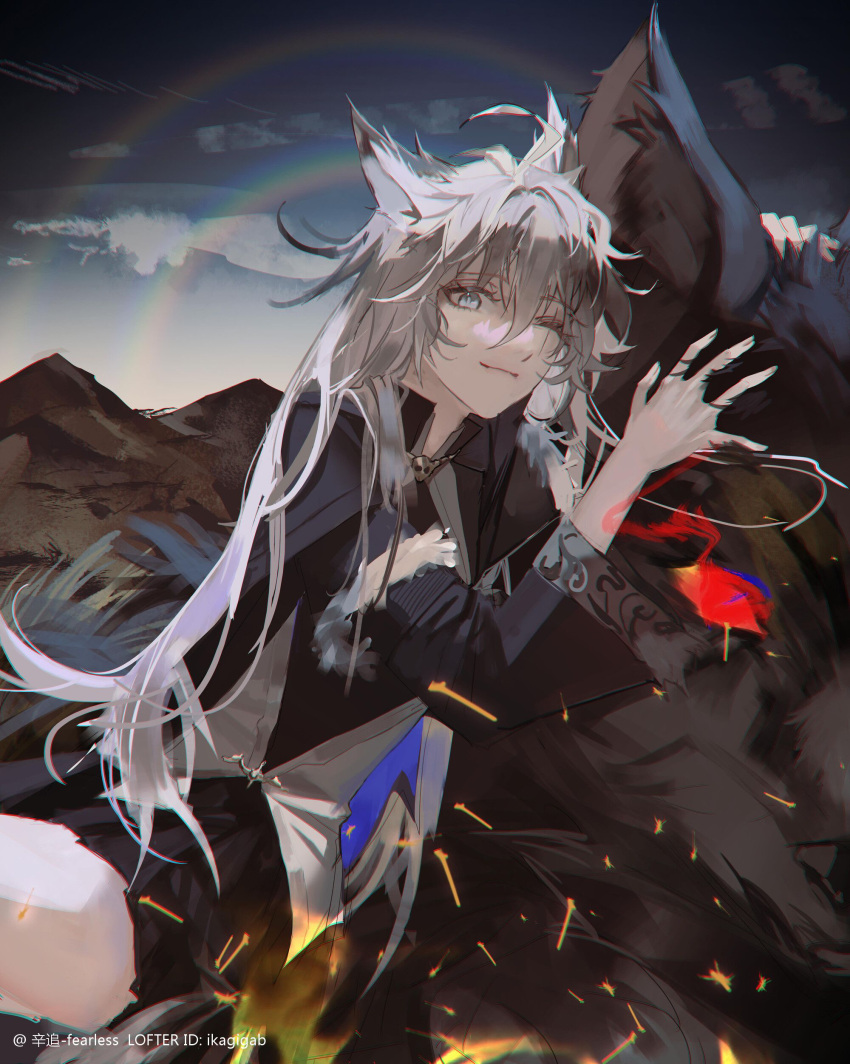 1girl ;) absurdres animal_ear_fluff animal_ears animal_hug antenna_hair arknights artist_name bangs black_coat blue_eyes blue_sky closed_mouth coat day fur-trimmed_coat fur_trim grey_eyes grey_hair hair_between_eyes highres ikag lappland_(arknights) lappland_(refined_horrormare)_(arknights) long_hair long_sleeves looking_at_viewer messy_hair official_alternate_costume one_eye_closed open_clothes open_coat outdoors rainbow safe silver_hair sitting sky smile solo striped vertical_stripes very_long_hair wolf wolf_ears