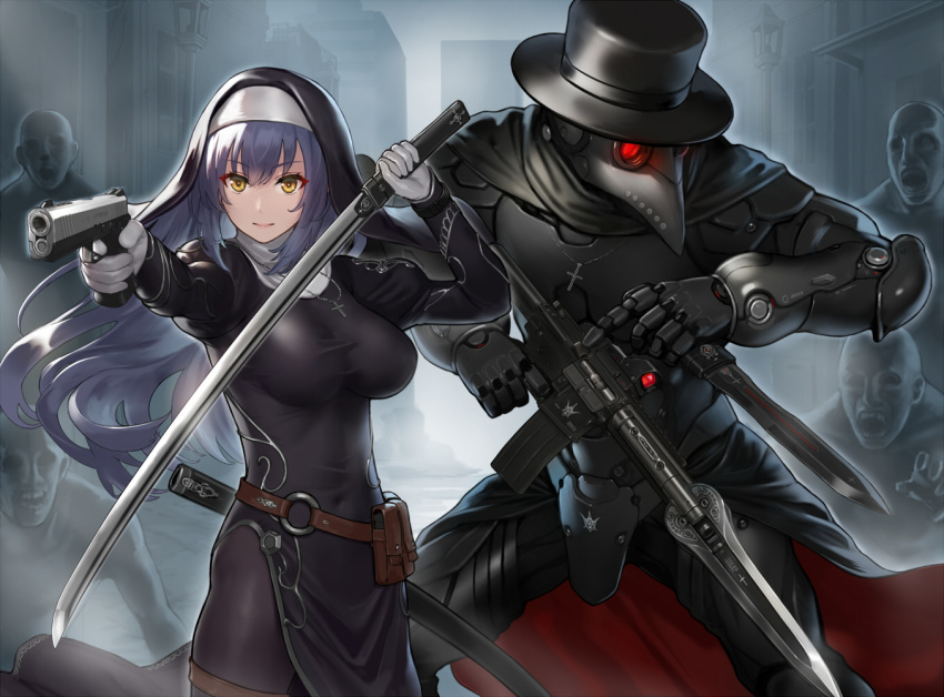 1girl 5boys armor assault_rifle battle blue_hair breasts city commentary_request cross cross_necklace finger_on_trigger gloves gun habit hat hiyashiru holding holding_gun holding_knife holding_sword holding_weapon impossible_clothes jewelry juliet_sleeves katana knife large_breasts long_hair long_sleeves multiple_boys necklace nun original pantyhose plague_doctor_mask puffy_sleeves reverse_grip rifle safe side_slit sword unsheathed weapon white_gloves yellow_eyes