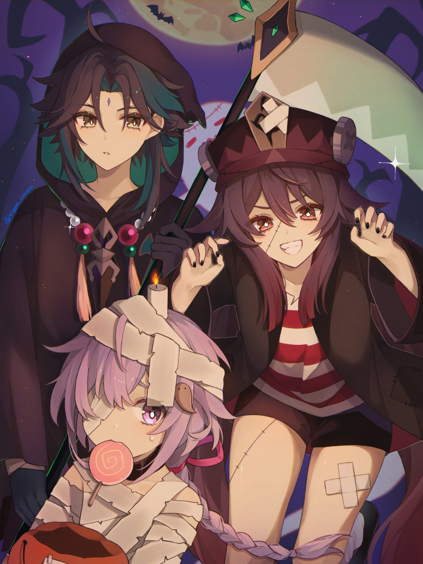 1boy 2girls alternate_costume bandage_over_one_eye bandages bandaid bandaid_on_leg bangs bat bat_(animal) bead_necklace beads black_cloak black_gloves black_hair black_nails blush boo_tao_(genshin_impact) braid braided_ponytail brown_hair brown_headwear brown_jacket brown_shorts candle candy claw_pose cloak commentary cosplay crossed_bandaids death_(entity) english_commentary eyelashes eyeshadow facial_mark fingernails floating_hair flower-shaped_pupils food food_in_mouth forehead_mark frankenstein's_monster frankenstein's_monster_(cosplay) full_moon genshin_impact ghost gloves green_hair grin hair_between_eyes hair_ornament halloween halloween_bucket halloween_costume hands_up hat highres holding holding_scythe hood hood_up hooded_cloak hu_tao_(genshin_impact) jacket jewelry lollipop long_hair long_sleeves looking_at_viewer makeup moon mouth_hold multicolored_hair multiple_girls mummy_costume nail_polish necklace night night_sky one_eye_covered open_clothes open_jacket outdoors parted_bangs parted_lips purple_hair qiqi_(genshin_impact) red_eyes red_eyeshadow red_shirt riane_cotton safe scythe shirt short_hair short_hair_with_long_locks short_shorts shorts sidelocks sky smile standing stitched_face stitched_leg stitches streaked_hair striped striped_shirt sweatdrop symbol-shaped_pupils tassel teeth very_long_hair violet_eyes white_shirt xiao_(genshin_impact) yellow_eyes