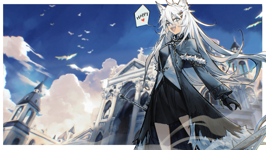 1girl absurdres animal_ear_fluff animal_ears arknights bangs black_coat black_dress black_gloves blue_sky border building church coat cowboy_shot day dress english_text gloves grey_background grey_eyes grey_hair hair_between_eyes hairclip heart highres koli_(ssssoliko) lappland_(arknights) lappland_(refined_horrormare)_(arknights) long_hair long_sleeves looking_at_viewer official_alternate_costume open_clothes open_coat open_mouth outdoors outside_border scar scar_across_eye scar_on_face sky solo speech_bubble sword very_long_hair weapon white_border wolf_ears