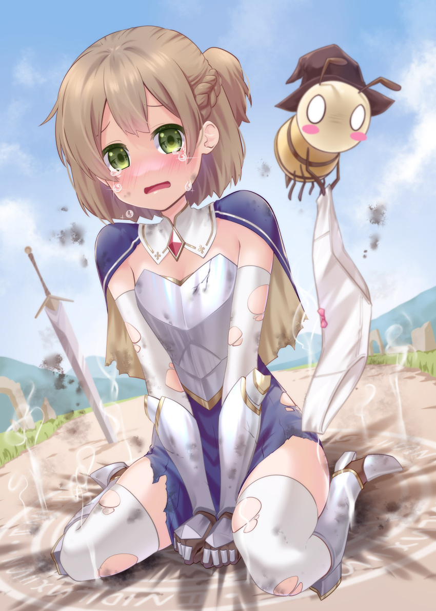 1girl bee blush brown_hair bug cape crying crying_with_eyes_open green_eyes highres lusan666 open_mouth original panties short_hair skirt solo sword tagme tears thigh-highs thighhighs torn_clothes torn_legwear torn_skirt torn_thighhighs underwear weapon white_legwear white_thighhighs