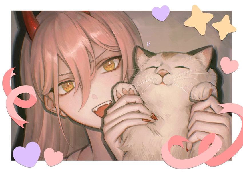 1girl animal border cat chainsaw_man closed_eyes cross-shaped_pupils fangs fingernails hair_between_eyes head_only heart heart_stickers highres holding holding_animal holding_cat horns kgynh long_hair looking_at_viewer meowy_(chainsaw_man) nail_polish open_mouth picture_(object) pink_hair power_(chainsaw_man) red_horns red_nails safe sharp_fingernails shirt smile star_(symbol) star_sticker sticker white_border white_cat white_shirt yellow_eyes