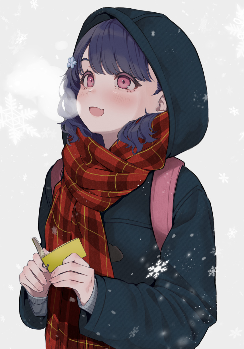 1girl a01macaron backpack bag blue_hair blush breath coat dark_blue_hair duffel_coat fang flash_cards fukumaru_koito gradient gradient_background hair_ornament highres hood hood_up hooded_coat idolmaster idolmaster_shiny_colors open_mouth plaid plaid_scarf red_scarf safe scarf skin_fang smile snowflakes snowing solo upper_body