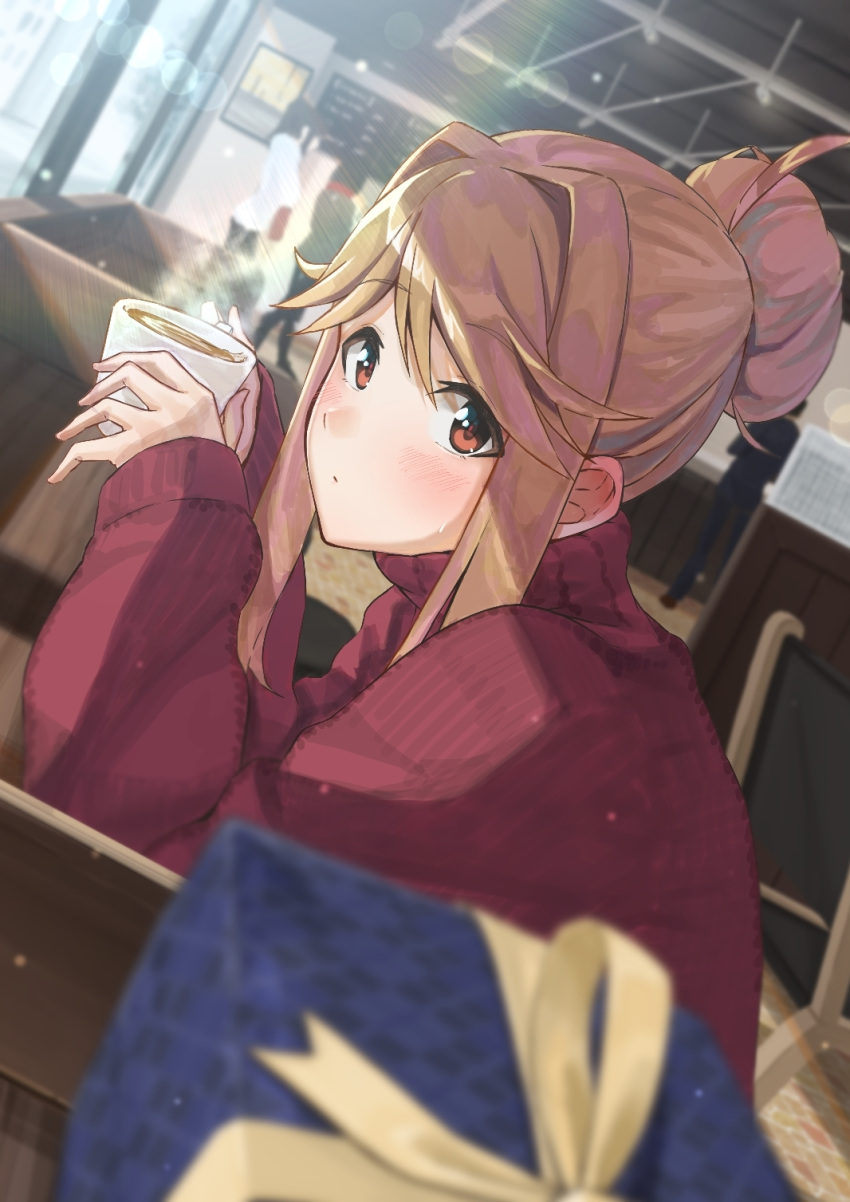 1girl bangs blurry blurry_background blurry_foreground blush box brown_eyes cafe chair closed_mouth coffee commentary_request cup day depth_of_field dutch_angle elbows_on_table from_side gift gift_box hair_between_eyes hair_bun hair_intakes hands_up highres holding holding_cup idolmaster idolmaster_million_live! indoors kaiso_(kaisooekaki) leaning_forward lens_flare light_brown_hair light_particles long_sleeves looking_at_viewer looking_to_the_side medium_hair mug people red_sweater ribbon shade sidelocks single_hair_bun sitting sleeves_past_wrists solo solo_focus steam sunlight sweatdrop sweater table tenkubashi_tomoka turtleneck turtleneck_sweater upper_body window yellow_ribbon