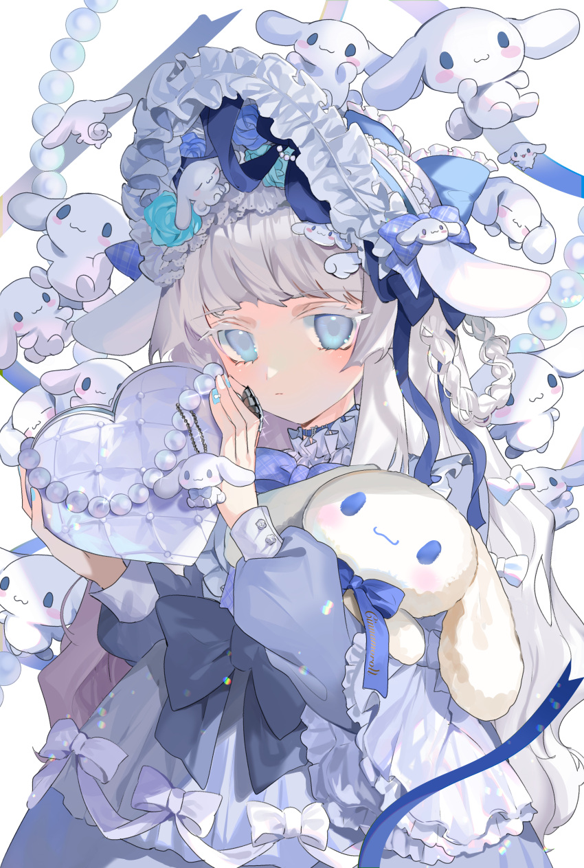 1girl aano_(10bit) absurdres animal_ears bangs black_bow blue_eyes blue_flower blue_nails blue_rose bonnet bow cinnamoroll closed_mouth commentary_request dress fake_animal_ears flower grey_dress grey_hair hair_flower hair_ornament hands_up heart highres holding long_hair long_sleeves looking_at_viewer multicolored_nails nail_polish puffy_long_sleeves puffy_sleeves rabbit rabbit_ears rose safe sanrio simple_background solo stuffed_animal stuffed_toy white_background white_headwear white_nails
