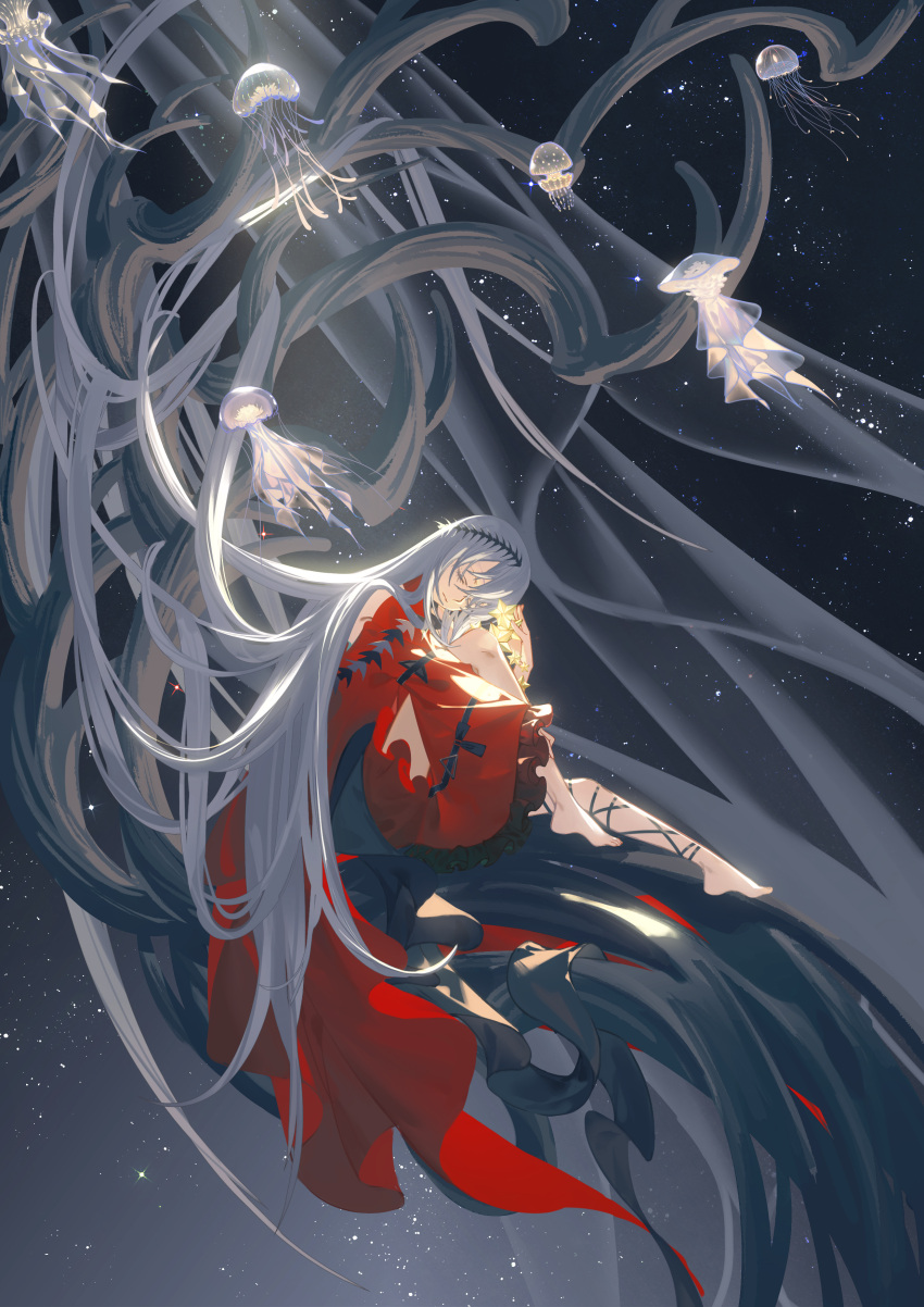 1girl absurdly_long_hair absurdres arknights barefoot black_ribbon closed_eyes closed_mouth dress eyelashes facing_viewer floating_hair frilled_sleeves frills full_body grey_hair hair_between_eyes hair_ornament highres holding holding_star jellyfish leg_ribbon long_hair long_sleeves lubusi red_dress ribbon safe skadi_(arknights) skadi_the_corrupting_heart_(arknights) sky solo space star_(sky) star_(symbol) starry_sky very_long_hair wide_sleeves