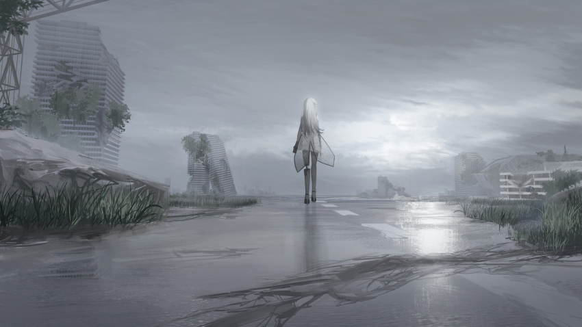 1girl black_footwear building chihuri clouds commentary_request facing_away from_behind grass grey_hair grey_jacket grey_pantyhose high_heels highres jacket long_hair outdoors pantyhose road ruins scenery see-through shoes sky solo vocaloid walking water