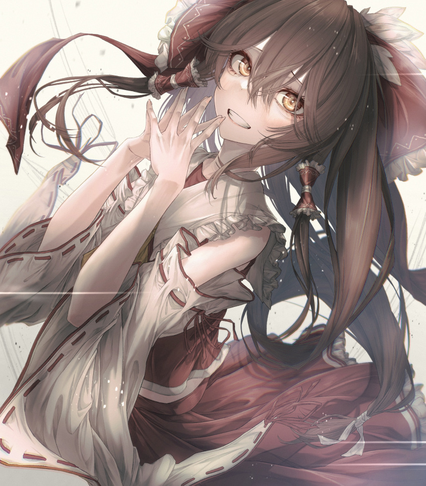 1girl absurdres ascot bangs blush bow brown_eyes brown_hair commentary detached_sleeves fingernails floating_hair frilled_bow frilled_hair_tubes frills grin hair_between_eyes hair_bow hair_tubes hakurei_reimu hands_up highres lips long_hair looking_at_viewer own_hands_together red_bow red_ribbon red_skirt red_vest ribbon ribbon-trimmed_sleeves ribbon_trim sidelocks skirt skirt_set smile solo steepled_fingers symbol-only_commentary teeth touhou tqg_07 very_long_hair vest white_sleeves wide_sleeves yellow_ascot