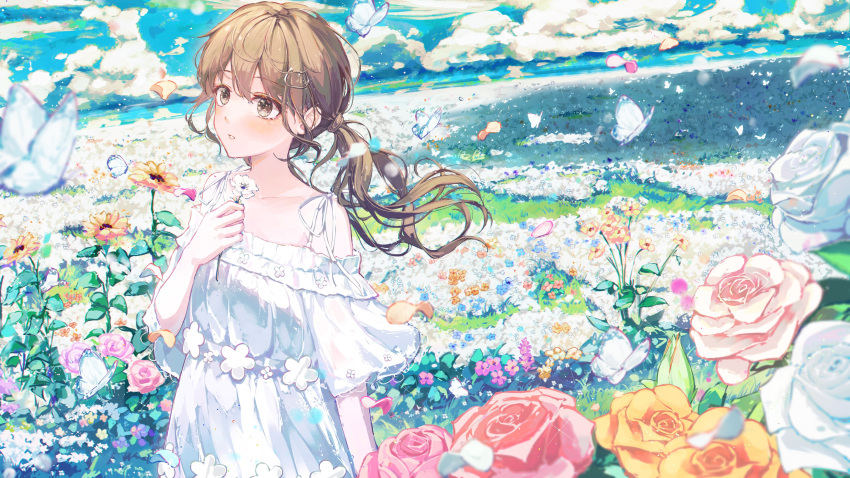 1girl :o absurdres blue_flower blue_sky bouquet brown_eyes brown_hair bug butterfly clouds day dress field flower flower_field fuunyon hair_ornament highres long_hair original outdoors pink_flower pink_rose ponytail poppy_(flower) purple_flower purple_rose red_rose rose sky solo sunflower white_dress white_flower white_rose yellow_rose