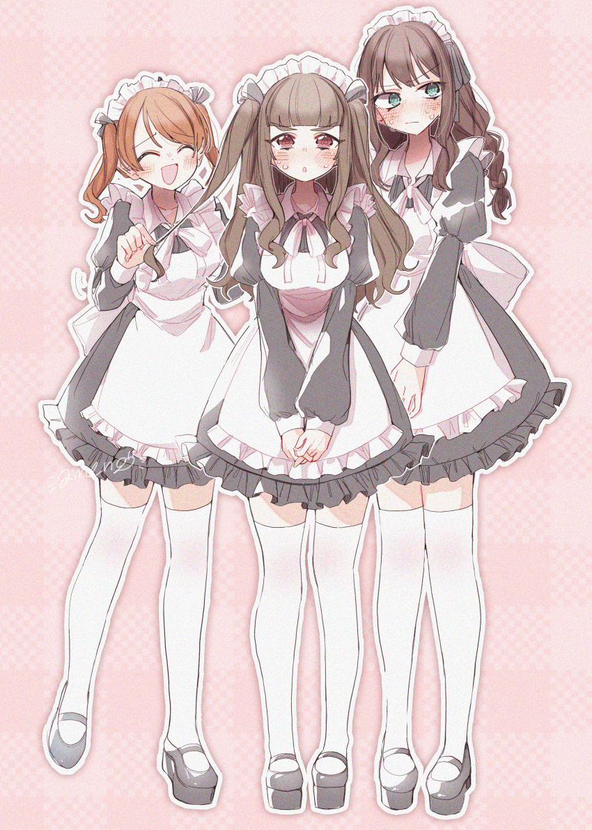 3girls @_@ ^_^ ^o^ absurdres alternate_costume apron black_dress blush braid breasts brown_hair closed_eyes dress embarrassed enmaided highres hojo_karen holding_another's_hair idolmaster idolmaster_cinderella_girls juliet_sleeves kamiya_nao long_hair long_sleeves maid maid_headdress mary_janes medium_breasts multiple_girls neck_ribbon orange_hair own_hands_together patterned_background petticoat pinafore_dress platform_footwear puffy_sleeves ribbon shibuya_rin shoes suzugaeru sweatdrop thigh-highs thighhighs triad_primus_(idolmaster) twin_braids twintails two_side_up wavy_hair white_apron white_legwear white_thighhighs zettai_ryouiki