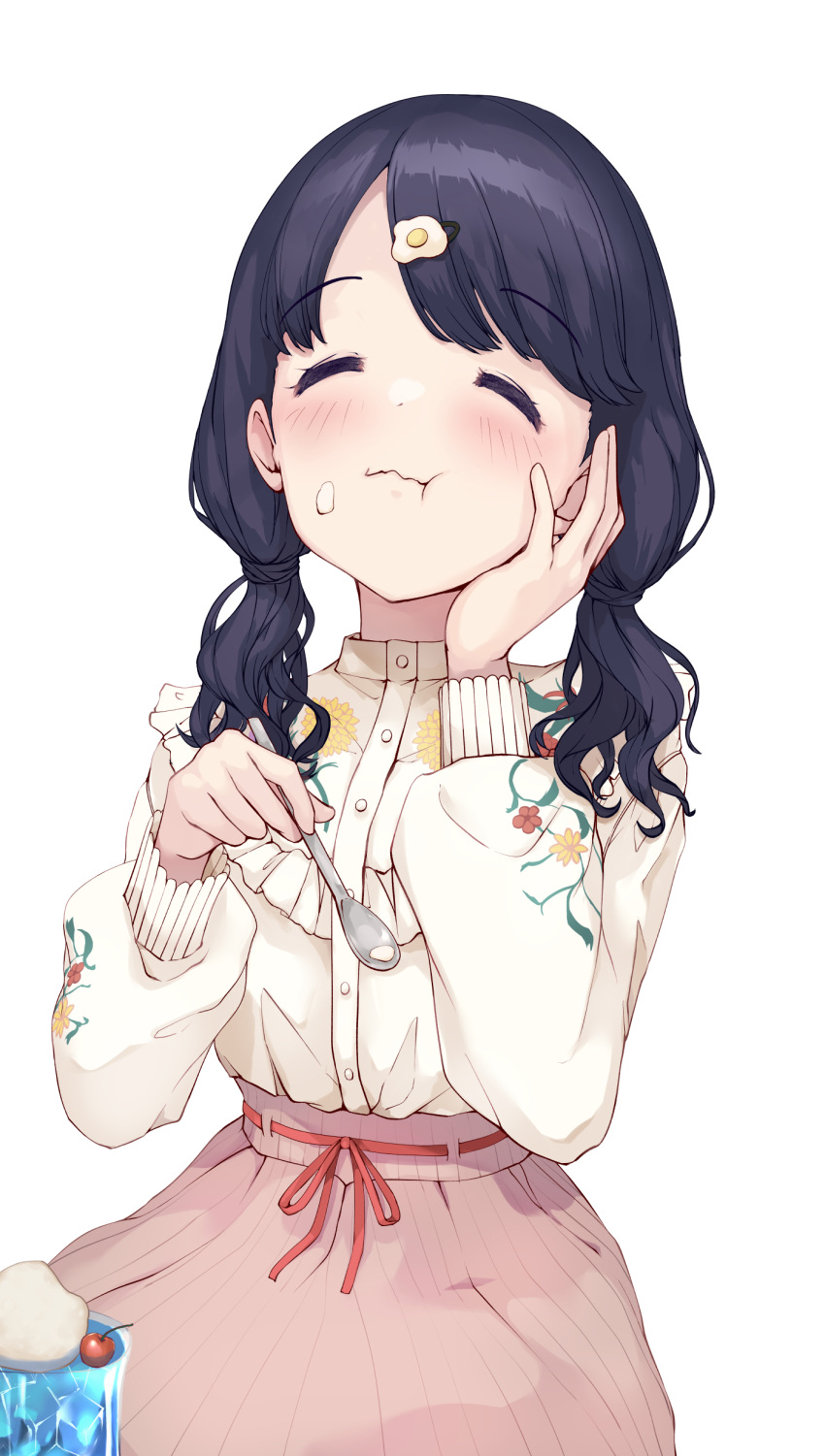 1girl :t absurdres bangs black_hair blush brown_skirt cherry closed_eyes closed_mouth commentary_request eating egg_hair_ornament facing_viewer food food-themed_hair_ornament food_on_face fruit fukumaru_koito hair_ornament hairclip highres holding holding_spoon ice_cream ice_cream_float idolmaster idolmaster_shiny_colors kuroba_aki long_hair long_sleeves low_twintails parted_bangs puffy_long_sleeves puffy_sleeves safe shirt simple_background skirt solo spoon t twintails wavy_mouth white_background white_shirt