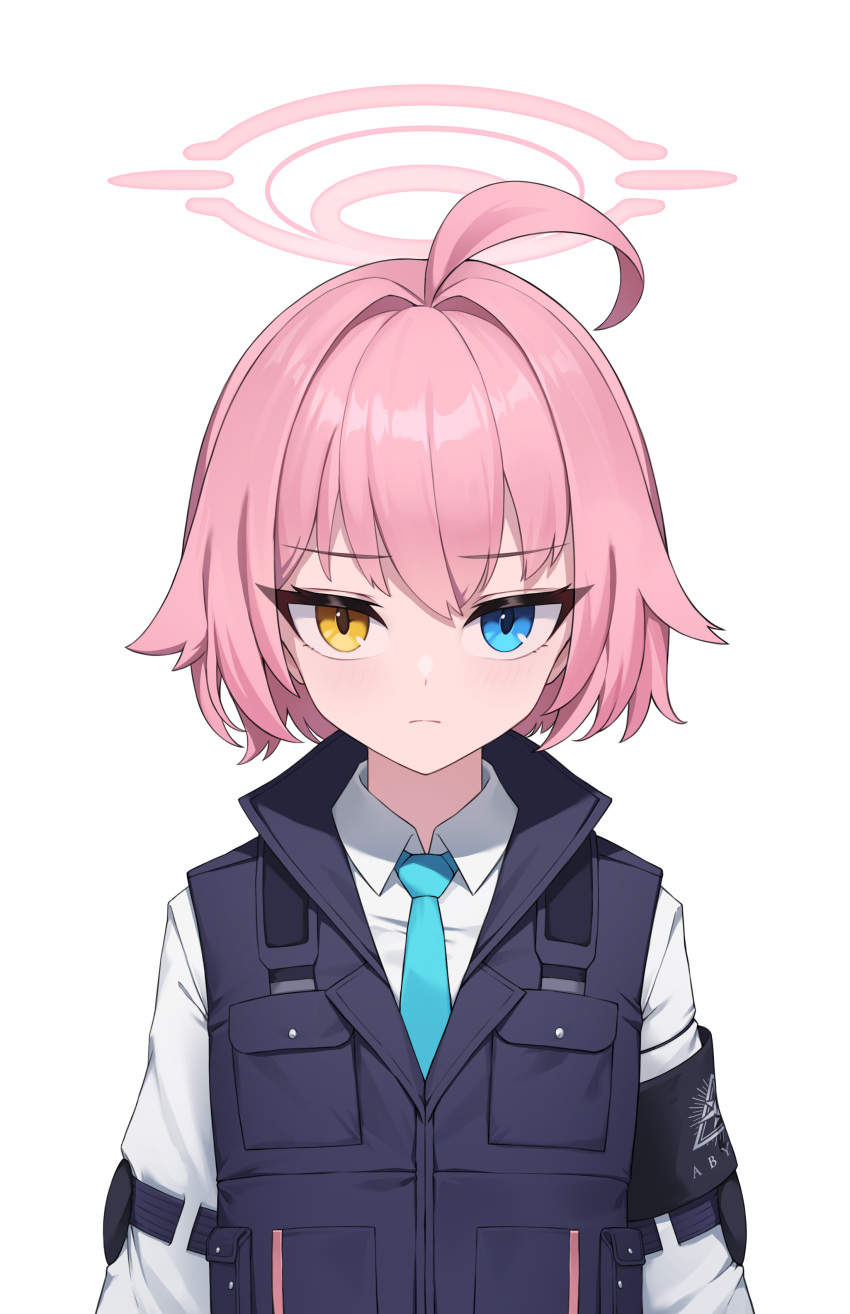 1girl absurdres ahoge armband bangs blue_archive blue_eyes blue_necktie blue_vest closed_mouth collared_shirt eyebrows_visible_through_hair halo heterochromia highres hoshino_(blue_archive) looking_at_viewer necktie pink_hair safe sbbs shirt short_hair solo upper_body vest white_shirt yellow_eyes
