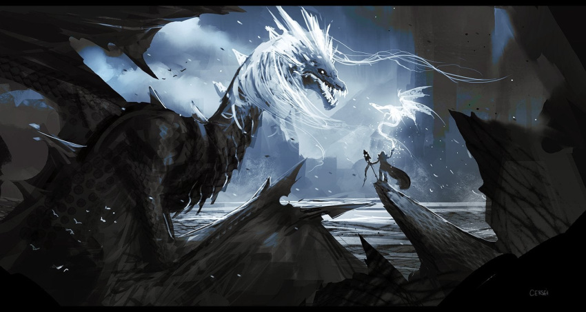 2girls bird cape clouds crystal_maiden day dota_(series) dota_2 dragon holding holding_staff letterboxed multiple_girls natalia_gutierrez open_mouth outdoors staff standing white_hair winter_wyvern_(dota)