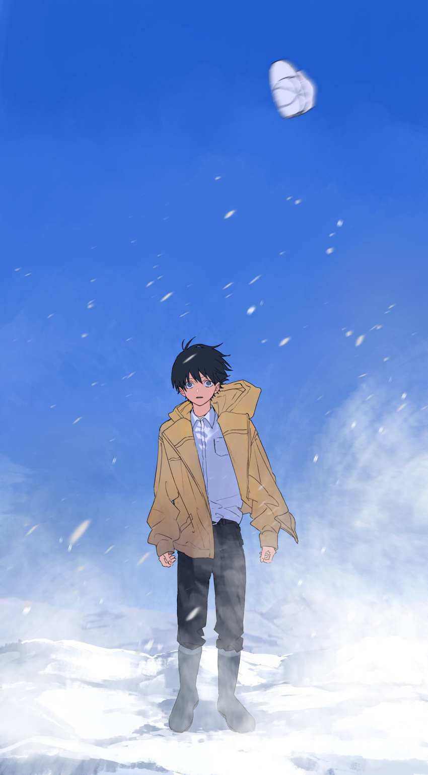 1boy absurdres aged_down bisou black_hair blue_background blue_eyes chainsaw_man collared_shirt hat hat_removed hayakawa_aki headwear_removed highres looking_at_viewer male_focus pants safe shirt short_hair simple_background smile snow snowing solo white_shirt