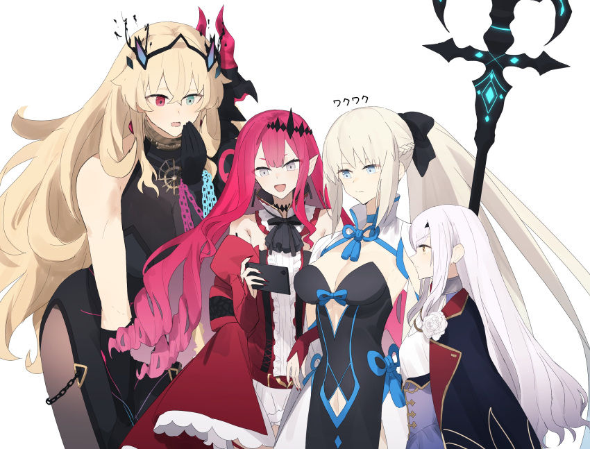 4girls arms_on_head bangs bare_shoulders belt black_bow black_dress black_gloves blonde_hair blue_cloak blue_eyes blue_ribbon bow breasts brown_pantyhose cloak closed_mouth collar crown dress fairy_knight_gawain_(fate) fairy_knight_lancelot_(fate) fairy_knight_tristan_(fate) fate/grand_order fate_(series) flower gloves grey_eyes grey_hair hair_bow highres holding holding_phone holding_staff large_breasts long_dress long_hair long_sleeves manicure medium_breasts morgan_le_fay_(fate) multicolored_eyes multiple_girls ne_f_g_o open_clothes open_dress open_mouth pantyhose phone pink_belt pink_dress pink_hair purple_skirt red_eyes ribbon rose safe shirt skirt smile staff very_long_hair white_background white_dress white_flower white_rose white_shirt
