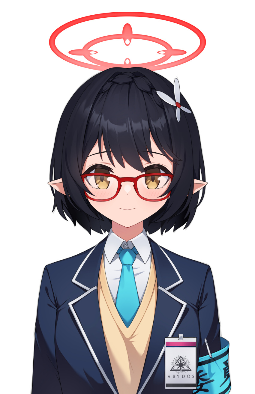 1girl absurdres armband ayane_(blue_archive) bangs black_hair blue_archive blue_jacket blue_necktie braid brown_eyes closed_mouth collared_shirt elf glasses halo highres jacket looking_at_viewer necktie pointy_ears safe sbbs shirt short_hair simple_background smile solo upper_body vest white_background white_shirt